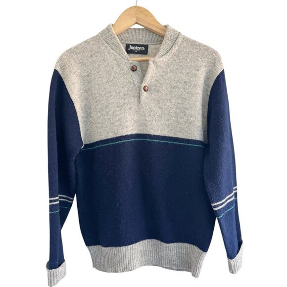 Vintage Jantzen Men's Sz M Gray and Blue Wool Sweater w/ Leather Buttons  USA - Picture 1 of 12